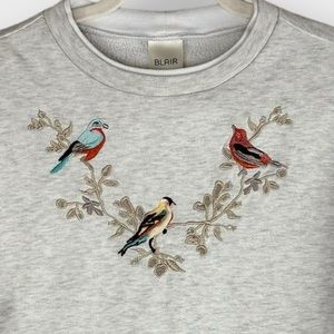 Blair vintage grandma sweatshirt S embroidered birds gray cottagecore granny